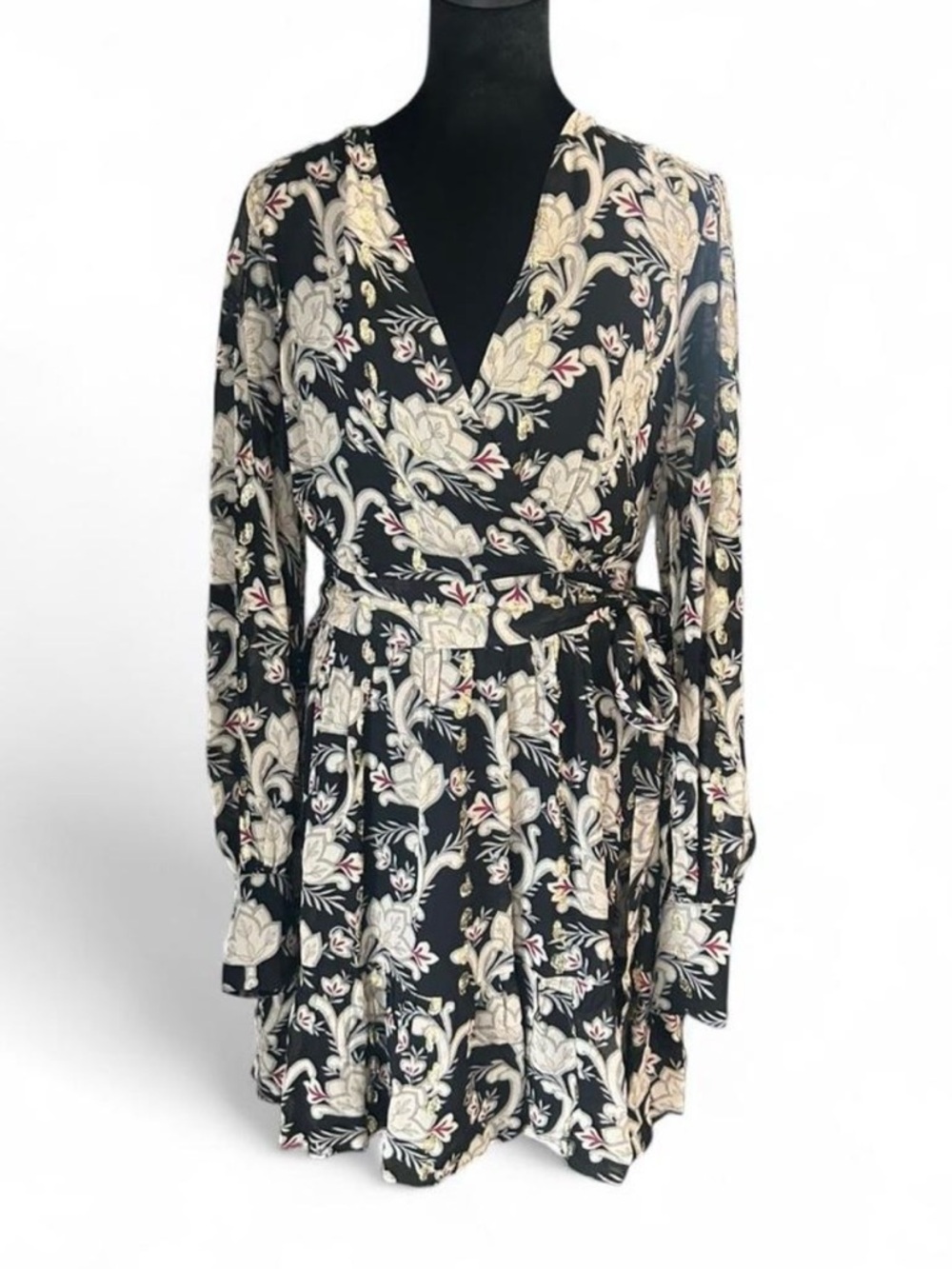 White House Black Market Floral Wrap Mini Dress Size 12 NWT Black Gold V-Neck - Picture 2 of 8
